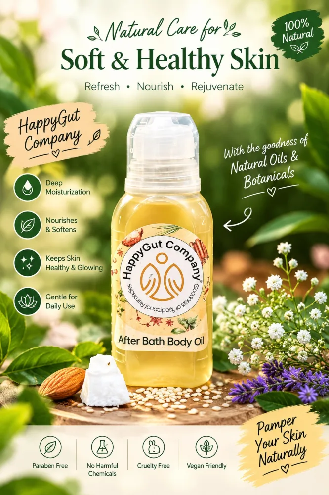 Give your skin the natural care it deserves with HappyGut After Bath Body Oil!