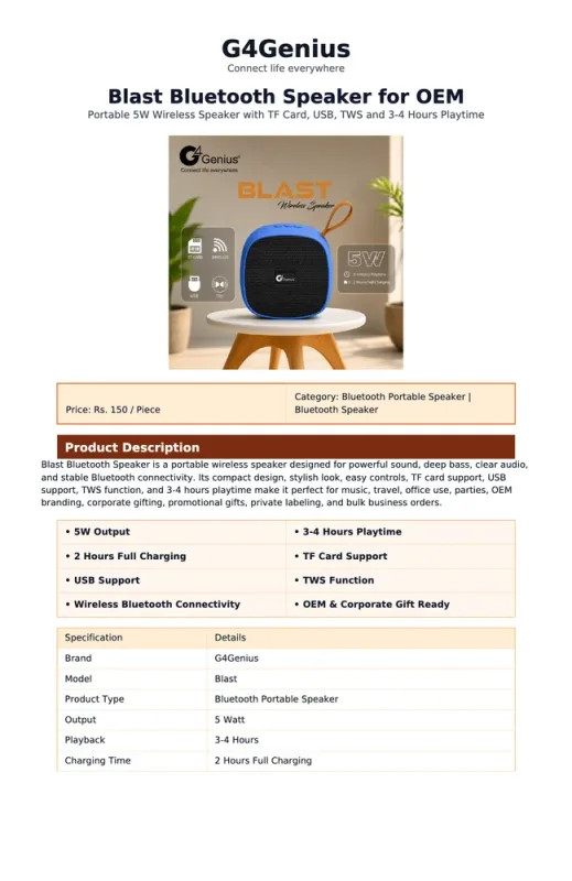 Blast Bluetooth Speaker for OEM